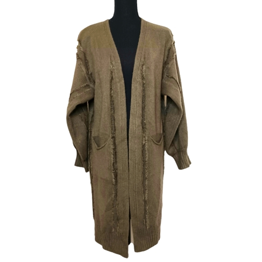 Angie Open Front Longline Cardigan Sweater Womens Sz Small Oversized Olive Green